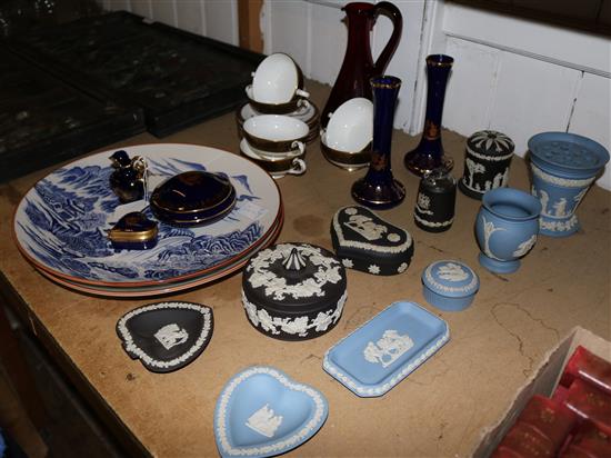 Qty of Wedgwood Jasperware, Minton grandee soup bowls, Limoges etc